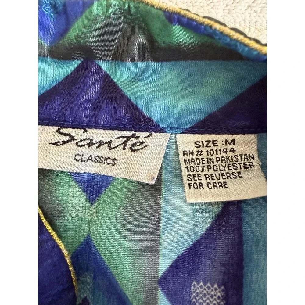 Sante Classics Women M Blue Green Geometric Print Button Front Long Dress Zipper